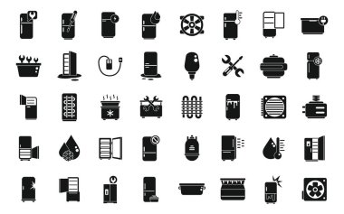 Buzdolabı onarım simgeleri basit bir vektör ayarlıyor. Buzdolabı kapısı. Açık soğuk