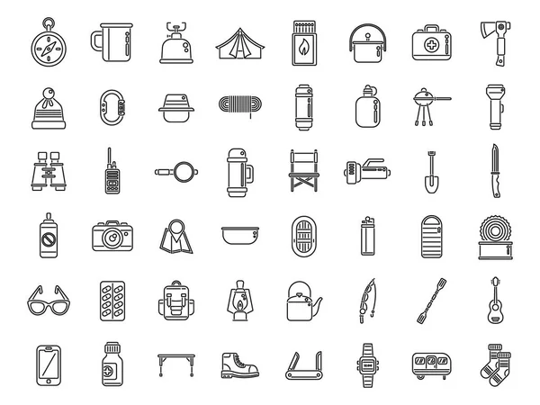 Equipment Hike Icons Set Outline Vector Hiker Backpack Shoes Hiking — Stock Vector