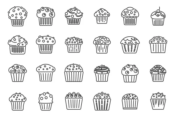 Ikony Muffinek Ustawiają Wektor Zarysu Ciasto Piekarnicze Babeczkowe Urodziny — Wektor stockowy