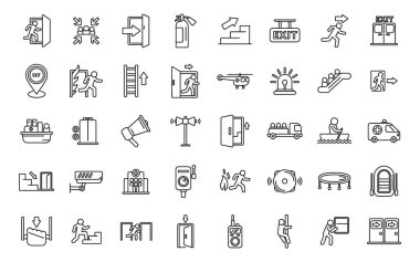 İnsan tahliye ikonları ana hat vektörünü ayarlıyor. Acil çıkış. Kaçış kapısı.