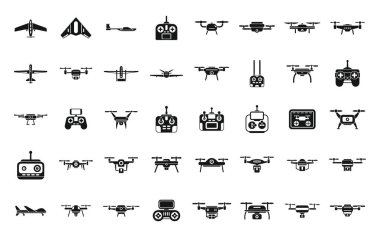 Drone teknolojisi simgeleri basit bir vektör belirledi. Vr teslimatı. Helikopter araştırması
