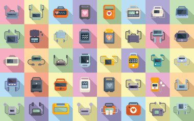 Defibrilatör simgeleri düz vektör ayarlayın. Ambulans çağırın. Otomatik elektrik