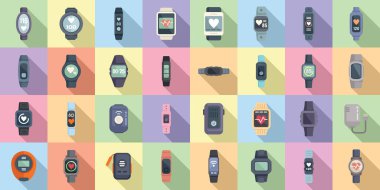 Giyilebilir izleyici simgeleri düz vektör ayarlandı. Spor bilekliği. Bileklik dijital