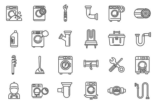 Washing Machine Repair Icons Set Outline Vector Broken Appliance Washing — Stock Vector
