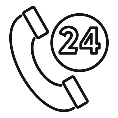 24 saatlik çağrı ikon ana hatları vektörü. İletişim sayfası. Çevrimiçi bilgi