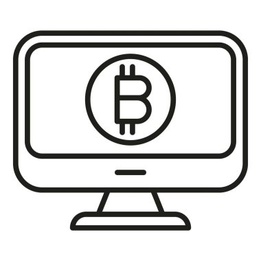 Dijital monitör ikon ana hatları vektörü. Para bitcoin. Pazarlama yatırımı