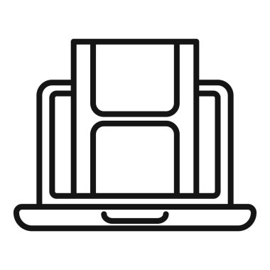 Laptop video düzenleme ikon ana hatları vektörü. Film montajı. Çevrimiçi yaratıcı