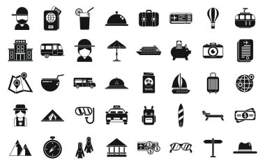 Emeklilik seyahat simgeleri basit bir vektör ayarlar. Sigorta güvenliği. Tıbbi hayat