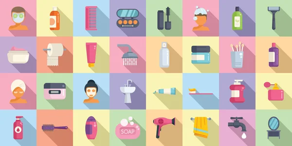 Morgendliche Behandlungen Icons Setzen Flache Vektor Vorsicht Rasur Gesichtshaut — Stockvektor