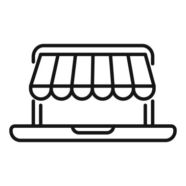 Çevrimiçi dükkan simgesi ana hatları vektörü. Dijital karışım. Sosyal pazar