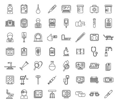 Tıbbi inceleme simgeleri ana hat vektörünü belirledi. Sağlık kontrolü. Tıbbi test