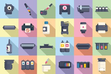 Kartuş doldurma simgeleri düz vektör ayarlandı. Bilgisayar fotokopi makinesi. Aygıt dijital