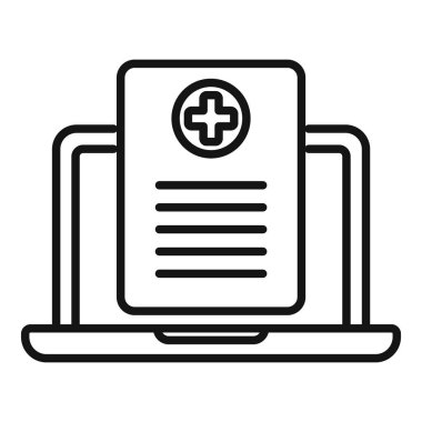 Laptop tıbbi kart ikonu ana hatları vektörü. Hasta profili. Sağlık hizmetleri