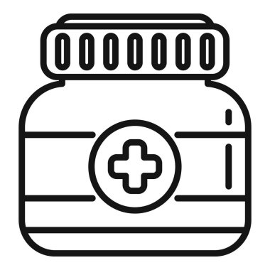 Tıbbi şişe ikonu ana hatları vektörü. Boğaz öksürüğü. Grip şurubu