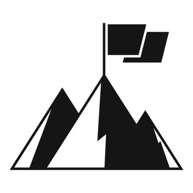 Dağ ikonu üzerinde yüksek bayrak, basit vektör. İyi bir kariyer. Tırmanma başarısı