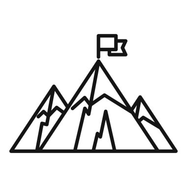 Dağ ikonu ana hatları vektöründe büyüyen bayrak. Kariyer tırmanışı. Başarı hedefi