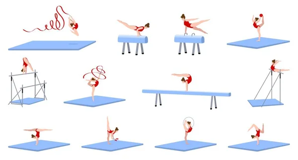 Gymnastics Equipment Icons Set Cartoon Vector Gym Practice Training Equipment — Stock Vector
