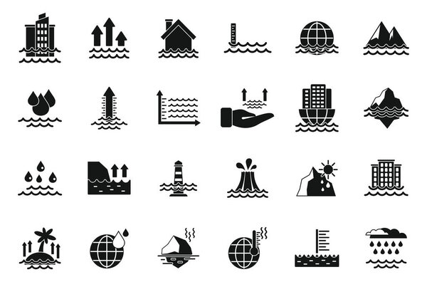 Sea level rise icons set simple vector. Water level. Nature disaster