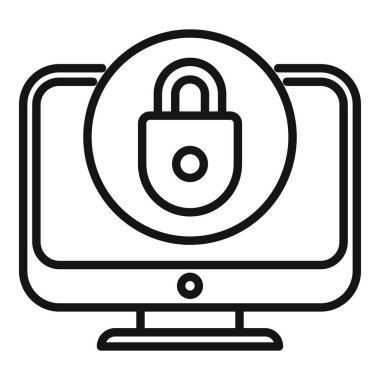 Pc monitörü şifre simgesi ana hatları vektörü. Kişisel giriş kartı. Dizüstü bilgisayar uygulaması