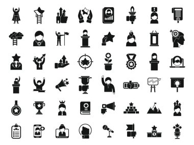 Motivasyon hoparlörü simgeleri basit bir vektör ayarlar. İnsan semineri. Konuşma konuşmacısı