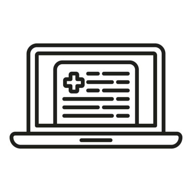 Laptop tıbbi ikon ana hatları vektörü. Çevrimiçi tıbbi danışmanlık. Klinik desteği