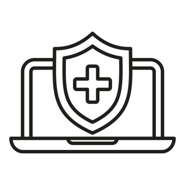 Güvenli tıbbi dizüstü bilgisayar ikonu ana hatları vektörü. Tıp doktoruyum. Sağlık Hizmetleri