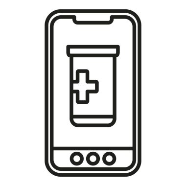 İlaç şişesi ikonu ana hatları vektörü. İnternetteki klinik. Sağlık Hizmetleri