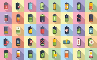 Batarya şarj simgeleri düz vektör ayarlandı. Enerji yükle. Güç telefonu