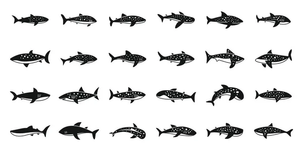 Ícones Tubarão Baleia Definem Vetor Simples Peixe Animal Mamífero Exótico — Vetor de Stock