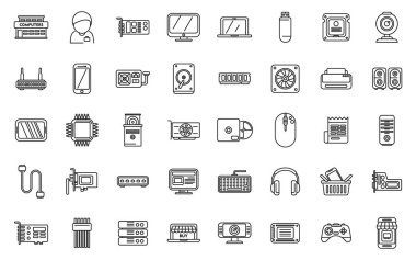 Bilgisayar depolama simgeleri dış hat vektörünü ayarlar. İnternetteki mağaza. Piyasa düzeni