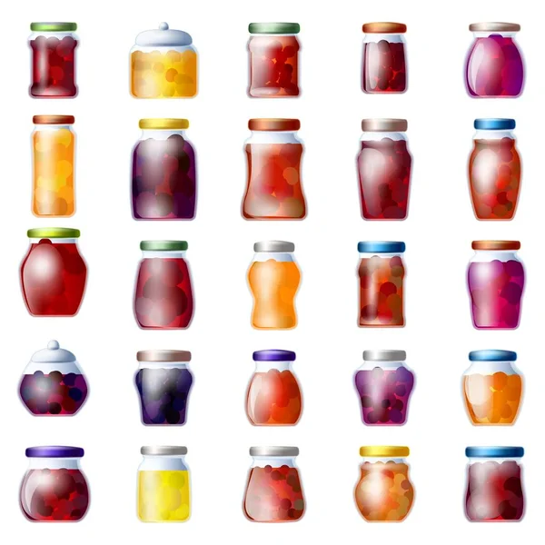 Jam Jar Iconos Conjunto Dibujos Animados Vector Fruta Jalea Alimentos — Archivo Imágenes Vectoriales