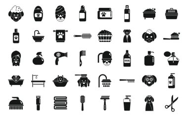 Köpek spa simgeleri basit vektör ayarlar. Tımar duşu. Hayvan spa 'sı