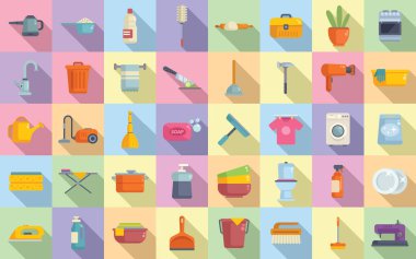 Ev işgali simgeleri düz vektör ayarlandı. Temiz yüzey. Bulaşık yıkama