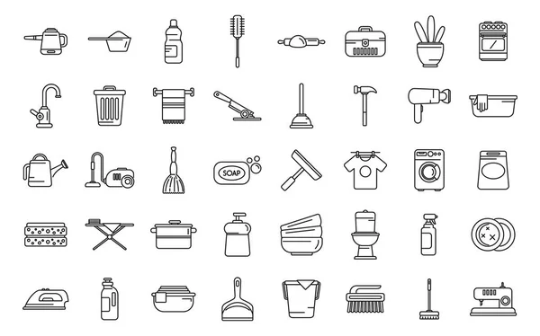 Іконки Домашніх Занять Встановлюють Контурний Вектор Чиста Поверхня Миття Посуду — стоковий вектор