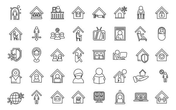 Self Isolation Icons Set Outline Vector Home Work Safe Stay — Stock Vector