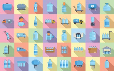 Su dağıtım simgeleri düz vektör oluşturdu. Bir galon soğutucu. Dispansör şişesi