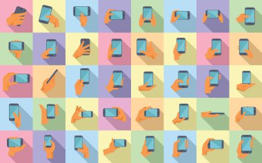 El ele tutuşan telefon simgeleri düz vektöre ayarlandı. Mobil sohbet. Elle ulak