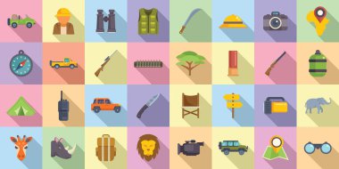 Jeep safari ikonları düz vektör ayarlayın. Araba. Nakliye gezisi