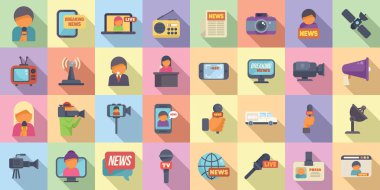 TV muhabiri simgeleri düz vektör ayarladı. Stüdyo televizyonu. Kamera ekibi.