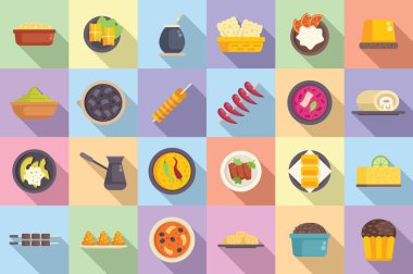 Brezilya mutfak ikonları düz vektör oluşturdu. Pirinç tabağı. Kızarmış et.