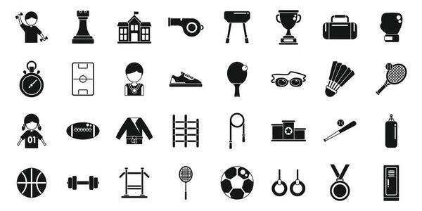 Sports school icons set simple vector. Baby girl. People camp