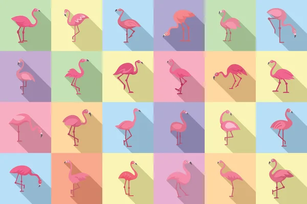 Ícones Flamingo Definir Vetor Plano Pássaro Tropical Animais Exóticos — Vetor de Stock
