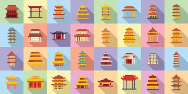 Pagoda Icons Set Flat Vector Asian Temple Roof Japanese — Stock Vector