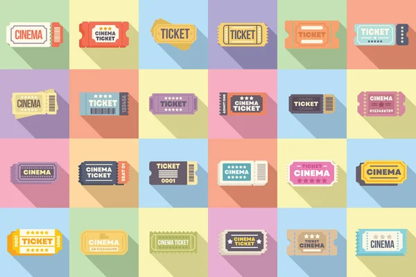 Los Iconos Del Ticket Cine Establecen Vector Plano Papel Película — Vector de stock