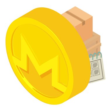 Monero kripto para birimi ikonu izometrik vektörü. Altın Monero sikkesi paket kutusunun yanında. Dijital para, kripto para birimi kavramı