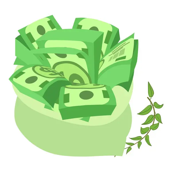 金融収入アイコン等価ベクトル 緑の枝の近くにドル札の袋 金銭的概念 — ストックベクタ
