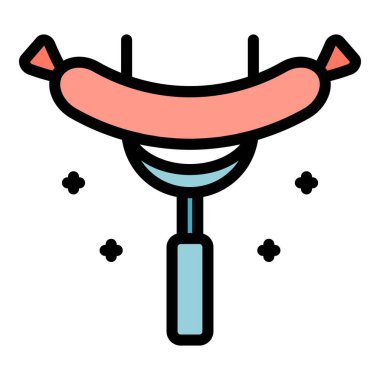 Sosis ve çatal ikon ana hatları vektörü. Izgara et. Sıcak domuz eti rengi düz