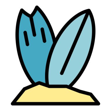 Sörf tahtası simgesi ana hatları vektörü. Plaj sörf tahtası. Yaz dalgası sörf tahtası rengi düz