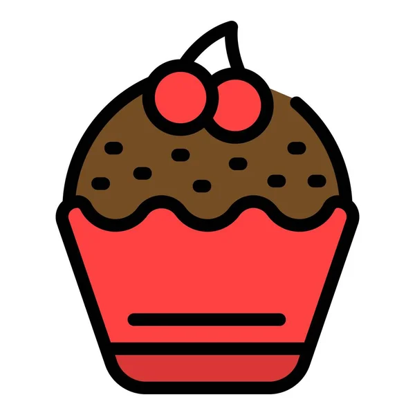 Creme Cupcake Symbol Umrissvektor Kaffeekirsche Dessert Muffin Farbe Flach — Stockvektor