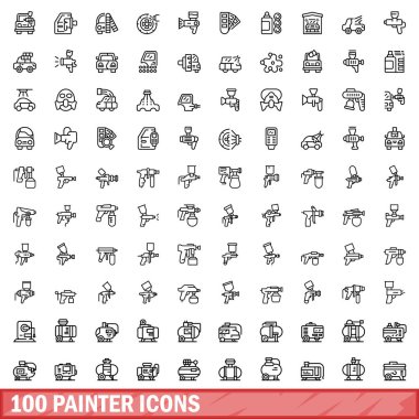 100 boyacı simgesi seti. Beyaz arkaplanda izole edilmiş 100 boyacı simgesi vektörünün taslak çizimi